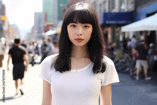 Confident Young Asian Woman on Busy City Street