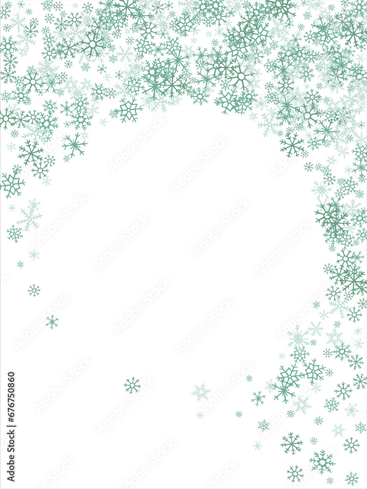 winter snow with blue snowflakes on a white background. Festive Christmas banner, New Year card. Symbols of frosty winter. Vector illustration.