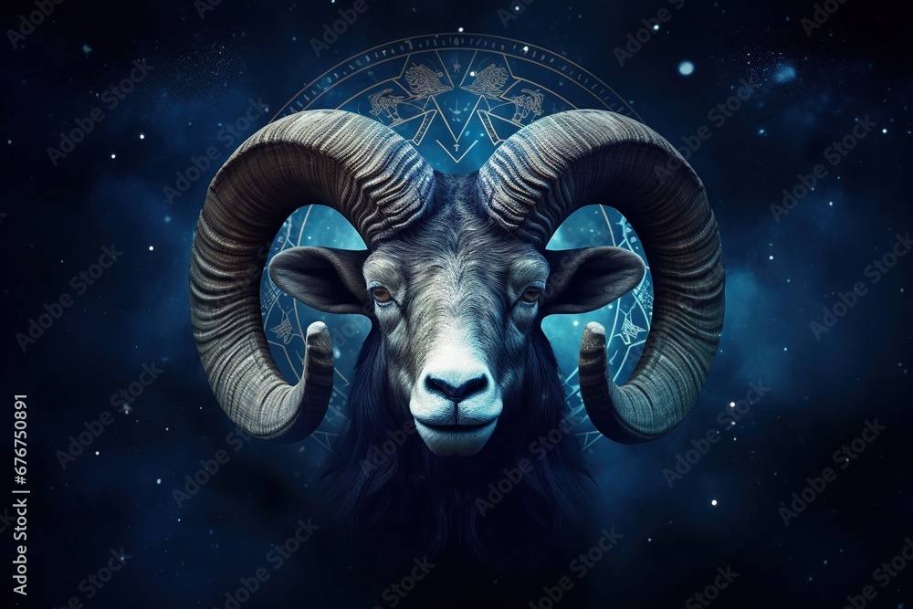 rams head with big horns close-up dark blue background