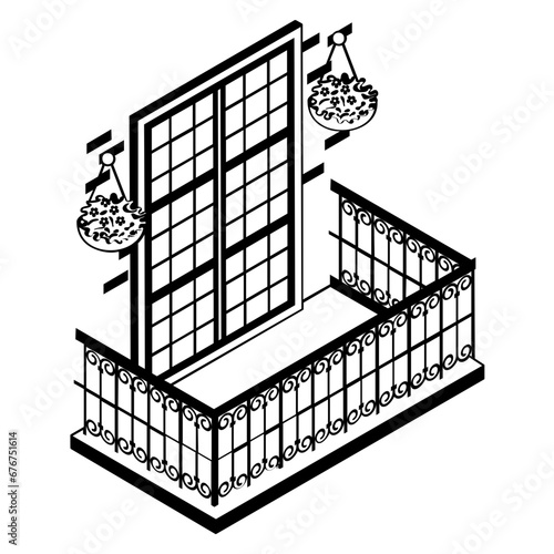 provence balcony with fancy metal grill isometric Concept Vector Design, balcony window front view symbol, House exterior design idea with modern vintage and classic balconie facade stock illustration