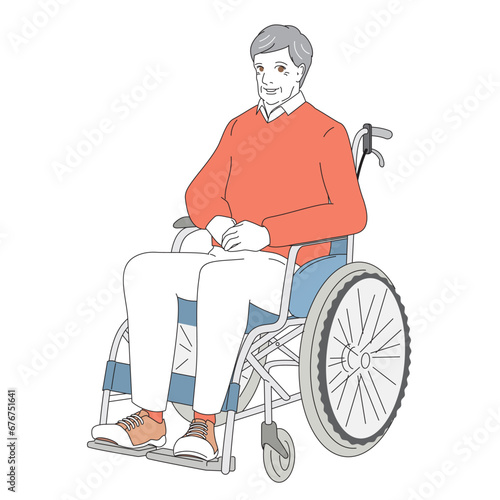 車椅子に腰掛けるオシャレなシニア男性
