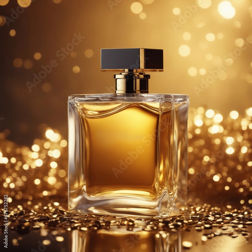 Bottle gift toilet water perfume on a background of golden Christmas bokeh lights. Front view. Generative AI.