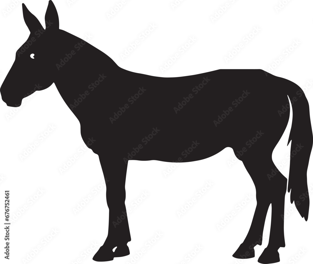 illustration of a black and white donkey or mule. Donkeys are companions to humans for centuries, symbolizing hard work and reliability. Mules, the offspring of a male donkey and a female horse