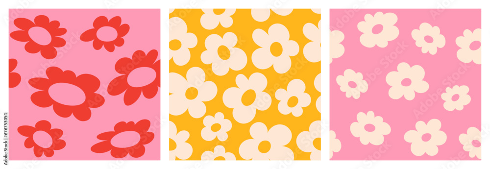 Set of seamless patterns of flowers in groovy style