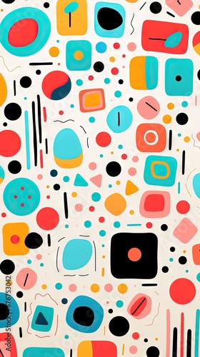 Children's cartoon abstract minimalist backdrop doodle drawing with lines and geometric shapes. Fun, trendy colorful simple background, wallpaper texture design for kids. Generative AI, AI