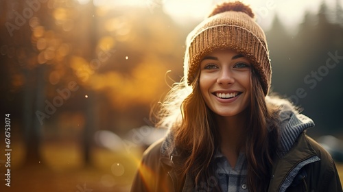 Photo of a young woman in autumn outdoors with sun in the background, in the style of adventurecore