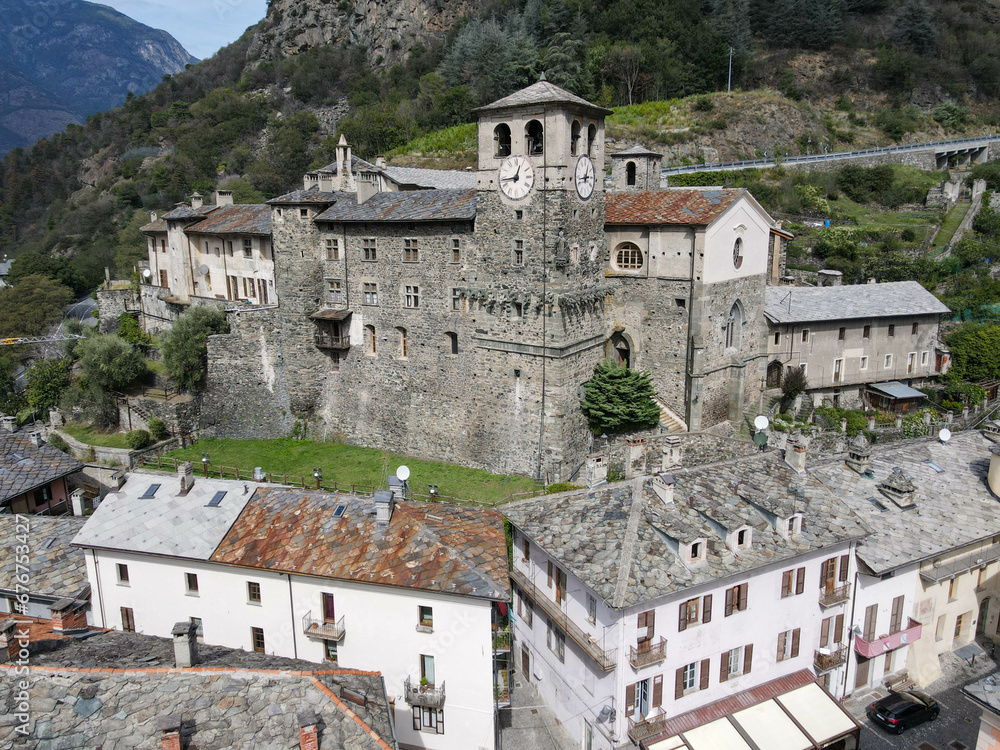 Naklejka premium Drone view at the church of saint Egidio on Verres in Italy
