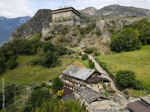 Drone view at the castle of Verres in Aosta velley, Italy photo