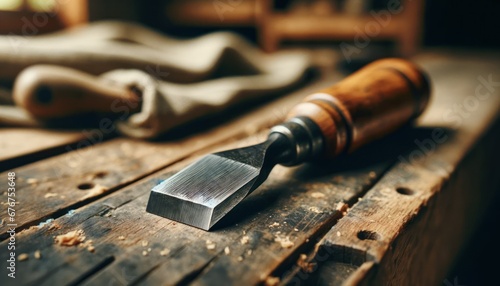 Close-up image of a well-worn woodworker's chisel with a wooden handle on an old workbench, symbolizing traditional craftsmanship 