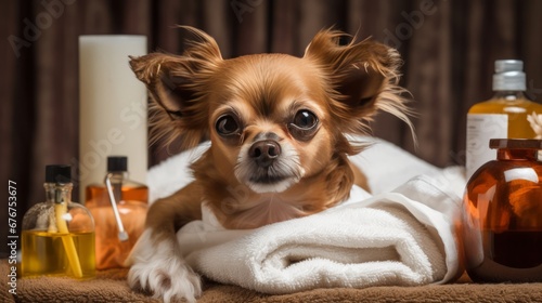 Dog or puppy at spa procedures at beauty salon. Dog in towel after bath, haircut grooming, massage and manicure, with bottles and jars of pet cosmetics. photo