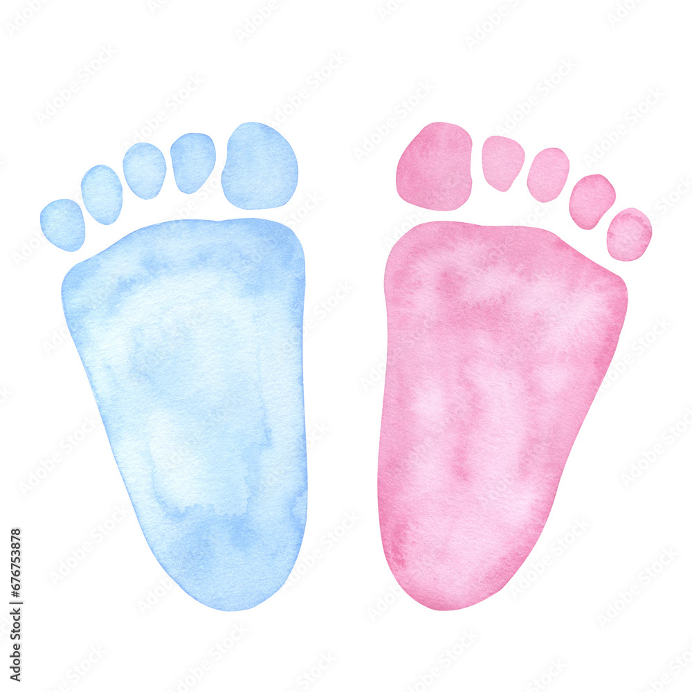 Little blue pink footprint. Baby shower, gender reveal party, design invitation. Boy or girl. Hand drawn watercolor illustration isolated background. For family surprise party feast Little blue pink footprint. Baby shower, gender reveal party, design invitation. Boy or girl. Hand drawn watercolor illustration isolated background. For family surprise party feast
