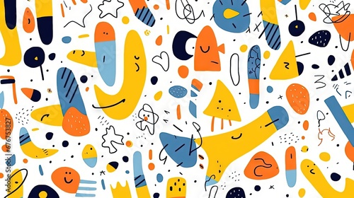 Children's cartoon abstract minimalist backdrop doodle drawing with lines and geometric shapes. Fun, trendy colorful simple background, wallpaper texture design for kids, vector. Generative AI, AI