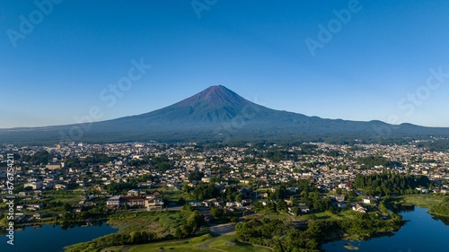 Aerial view of the Fujikawaguchiko village and Mount Fuji, summer in Japan