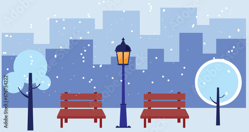 Winter city park with snow and city silhouette. Bench in winter city park, winter holidays concept in flat cartoon style. City park landscape banner. Urban outdoor. Vector illustration.
