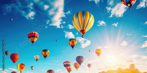 Shot of colorful hot air balloons against a blue sky