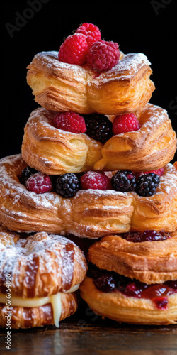 Crispy, golden viennoiserie pastries, layered with lush berries and a delicate dusting of powdered sugar. photo