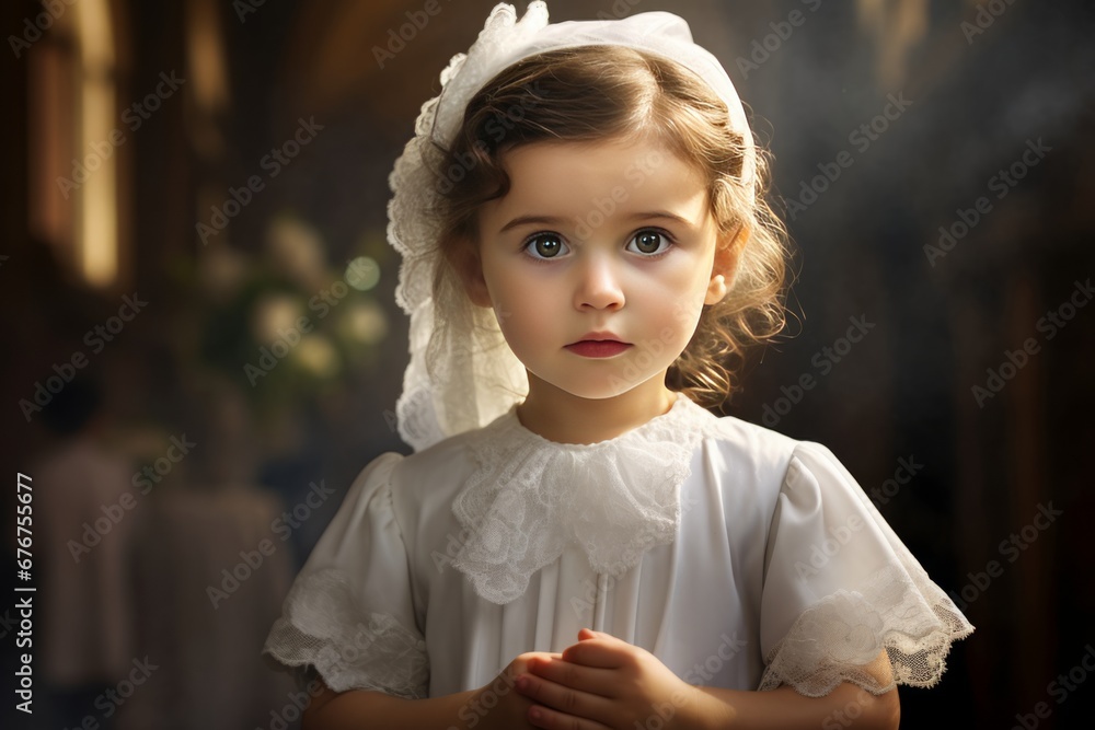 Obraz na płótnie Young girl in a white dress making her first Holy Communion in church Generative Ai w salonie