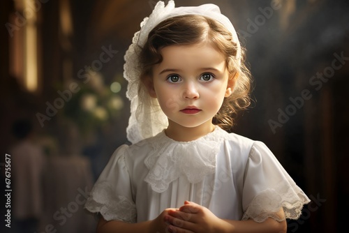Young girl in a white dress making her first Holy Communion in church Generative Ai