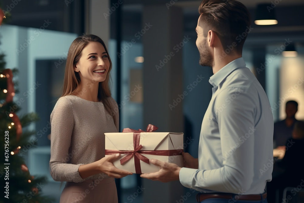 Couple in love gives each other beautifully decorated Christmas presents on Christmas Eve Generative Ai Couple in love gives each other beautifully decorated Christmas presents on Christmas Eve Generative Ai