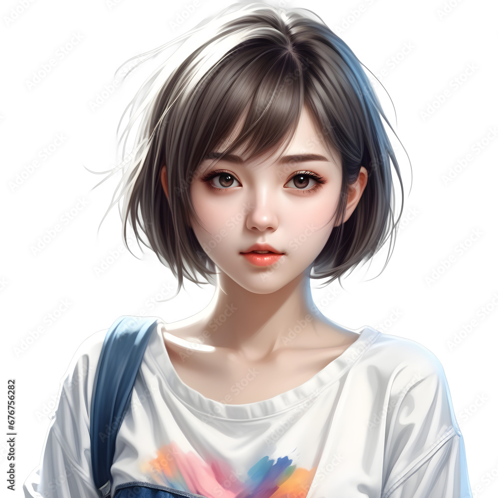 anime girl short hair, wearing kawaii shirt and jeans, casual clothing style, Hyper realistic, Isolated on transparent background. ai generative anime girl short hair, wearing kawaii shirt and jeans, casual clothing style, Hyper realistic, Isolated on transparent background. ai generative