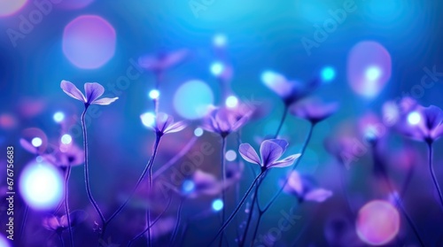 Purple small flowers on meadow on bokeh lights background