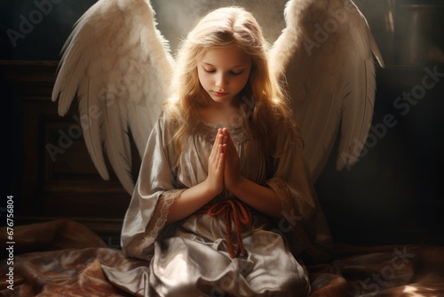 Christ child with halo Praying girl dressed as an angel Generative Ai