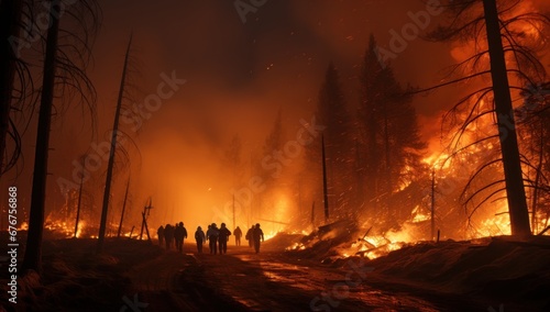 fire in the forest.people, firefighters rescue team in a burning forest