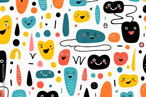 A fun, adorable children's cartoon abstract minimalist doodle drawing with lines and geometric shapes. Trendy colorful simple background, wallpaper texture design for kids, vector. Generative AI, AI