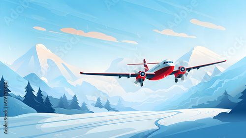 Airplane is taking off from the winter snow airport. Concept of New Year or Christmas holiday