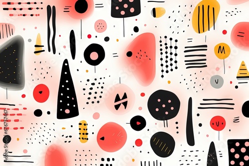 A fun, adorable children's cartoon abstract minimalist doodle drawing with lines and geometric shapes. Trendy colorful simple background, wallpaper texture design for kids, vector. Generative AI, AI