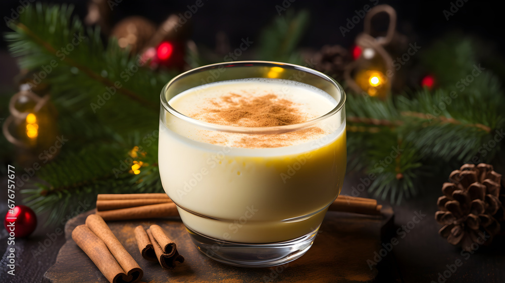 Eggnog on Christmas tree background Eggnog on Christmas tree background
