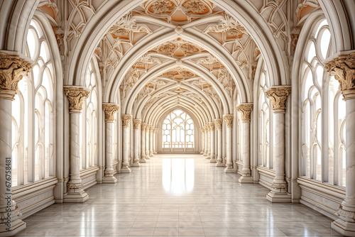 Fantasy white marble arches in fictional building. Generative AI.  © Melvillian