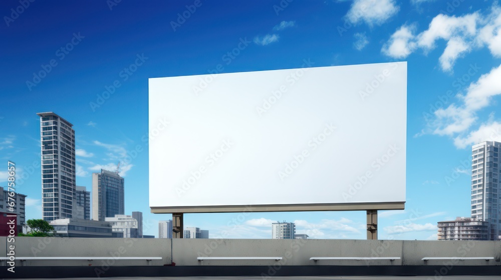 Large billboard on the roadside, with white blank screen for presentation 3D mockup template purposes. Large billboard on the roadside, with white blank screen for presentation 3D mockup template purposes.