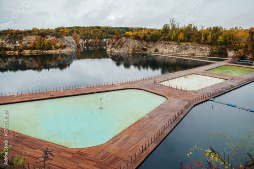 Zakrzówek Quarry, Krakow. Floating swimming pool. Cloudy autumn day