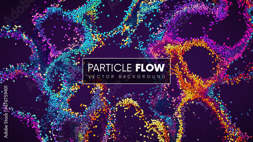 Colorful rainbow gradient dots randomly flowing and swirling in liquid stream. Chaotic motion of small colorful circles. Dynamic particles background for banner, flyer, poster. Vector Illustration
