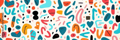 A Cute and fun children's cartoon abstract minimalist doodle drawing with lines and geometric shapes. Trendy colorful simple background, wallpaper texture design for kids, birthday. Generative AI, AI