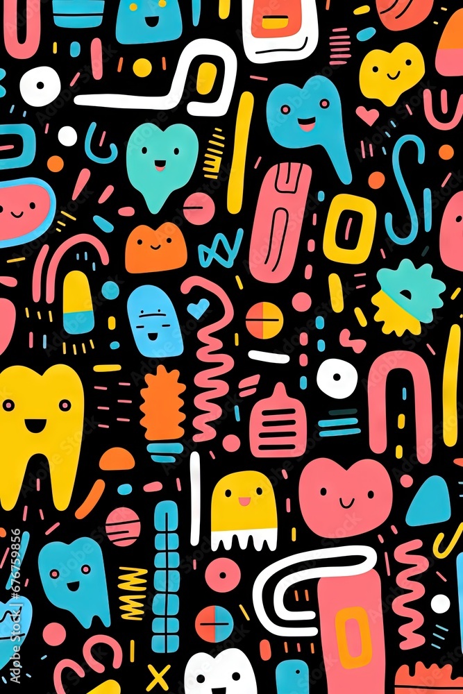 Fototapeta premium A Cute and fun children's cartoon abstract minimalist doodle drawing with lines and geometric shapes. Trendy colorful simple background, wallpaper texture design for kids, birthday. Generative AI, AI