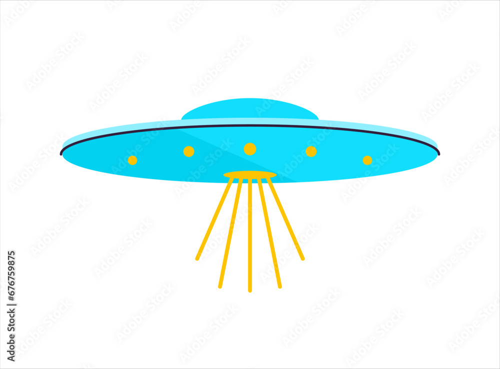 Vector illustration in flat style. Ultra violet UFO with lights. Alien space ship. Futuristic unknown flying object. Isolated on white background