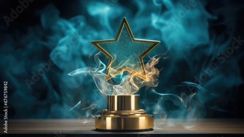 Elevate success with elegance! Behold a gold star trophy in smoke against a blue background. Invest in stocks that embody the prestige of achievement photo