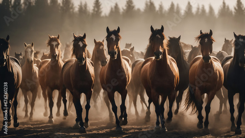 herd of horses on sunset background , nature wildlife photography