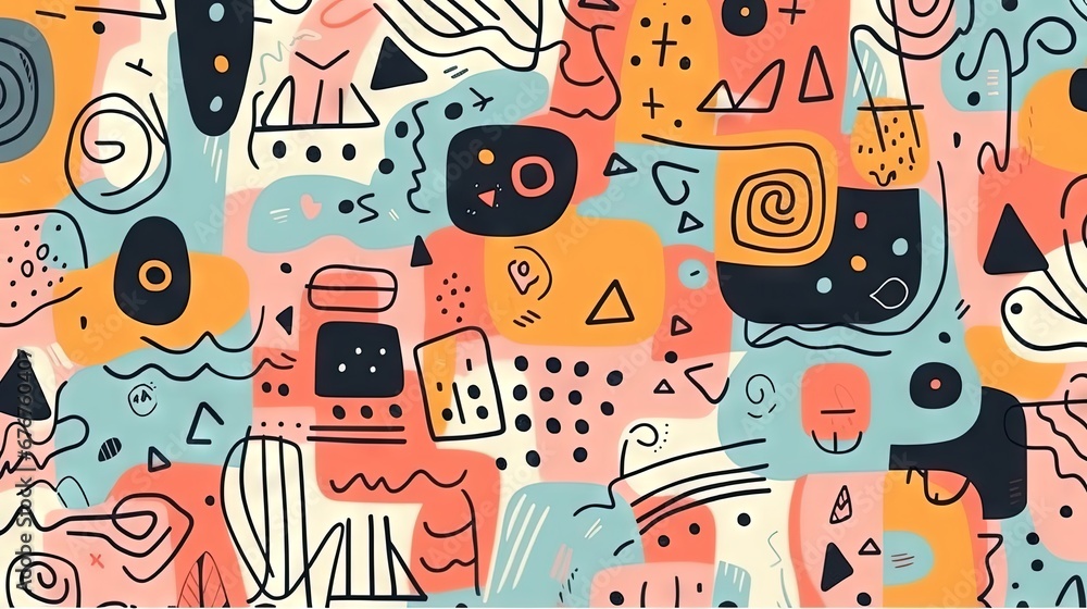 Obraz premium A Cute and fun children's cartoon abstract minimalist doodle drawing with lines and geometric shapes. Trendy colorful simple background, wallpaper texture design for kids. Generative AI, AI