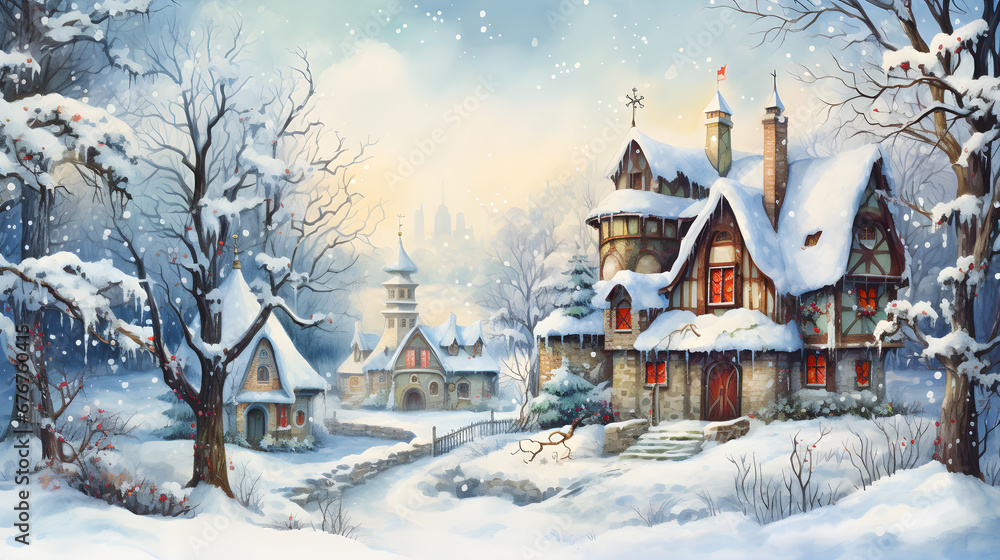 Winter, first snow, Watercolor- Christmas card Winter, first snow, Watercolor- Christmas card