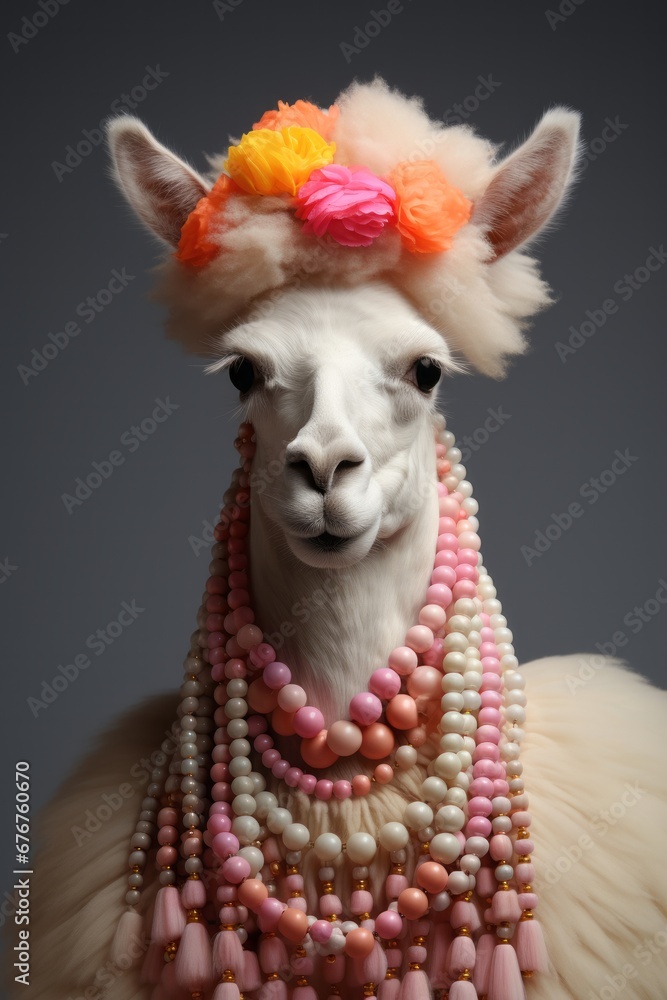 A Majestic Llama in a Vibrant Multicoloured Headpiece and Colourful Necklace Exuding Style and Personality