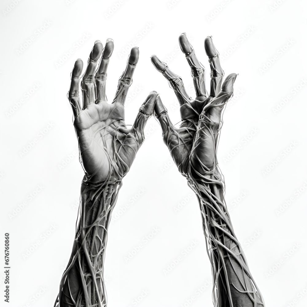 A pair of hands entangled with wires A pair of hands entangled with wires