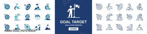goal target mission success icon set business challenge objective and achievement with hike mountain summit and aim arrow symbol marketing management vector illustration