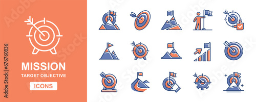 set of goal target mission success icon vector business challenge objective, achievement, aim arrow, hike summit marketing progress symbol illustration for web and app