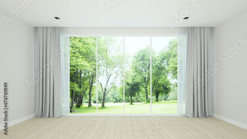 Fototapeta Naklejka Na Ścianę i Meble -  Empty room design for real estate brochure. Room design for hotel or home with forest view. 3D Illustration
