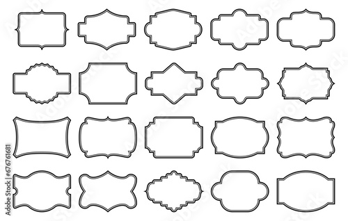 Empty blank frames set. Decorative retro blank shapes. Vintage emblem labels. Elegant royal cover packaging sticker. Contour scrapbook text frame. Vector illustration