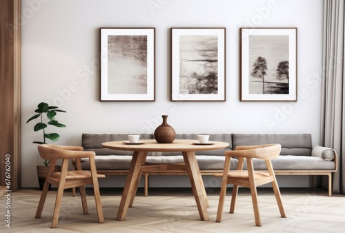 Round wooden dining table and rustic chairs with a sofa near the wall with an art frame.