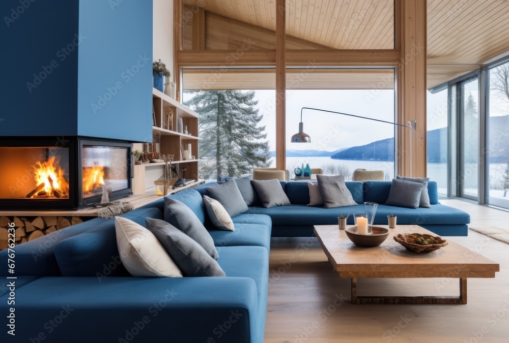 Two blue sofas near the fireplace Scandinavian interior design of a modern living room